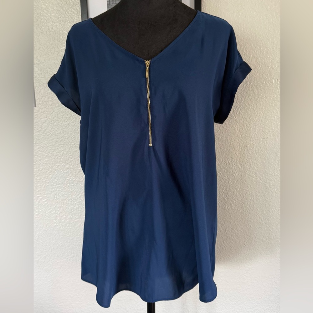 Express Women’s Blue Cap Sleeve Top with Gold Zipper Detail in the Front Size L